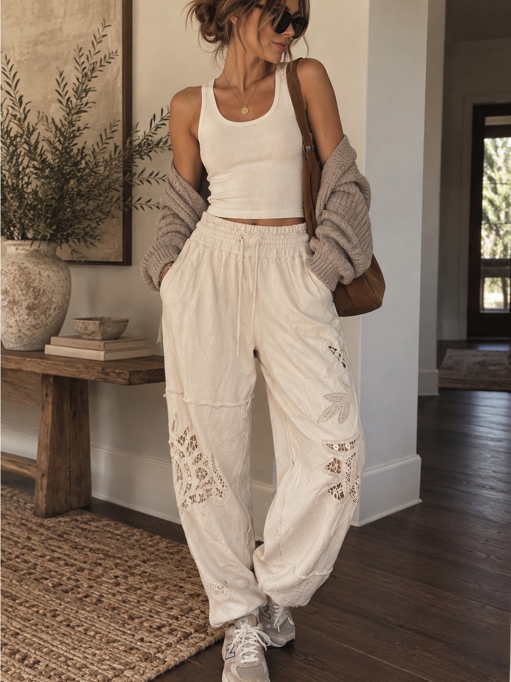 Free People Movement Ivory Lace Patch Jogger Sweatpants Size M